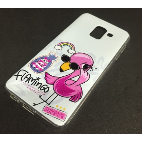 Capa Silicone Gel Com Desenho Samsung Galaxy J8 2018 Branco Flamingo Rosa